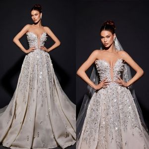 Charming Wedding Dresses for Bride Pearls Strapless Bridal Gowns Sequined A Line Deep V Neck Sleeveless Custom Made Plus Size