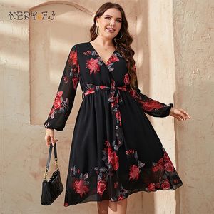 Keby ZJ Plus Size Floral Print v Neck Midi Belted Dress Women Casuare Spring Rade Elegant VintageA-Line Dresses 240229
