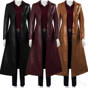 Jaqueta trench longo roupas femininas streetwear cor sólida steampunk gótico lapela motociclista jaqueta s5xl mulher casaco de couro falso