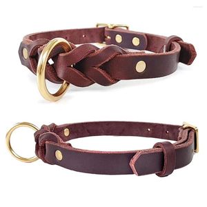 Coleiras de cachorro colar de couro genuíno trançado com anel de metal para caminhar e treinar pequenos cães médios grandes roupas para animais de estimação