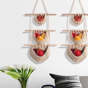 Bohemian Decor Fruit Hanging Basket Net Pocket Woven Fruit and Vegetable Net Bag Sundries förvaring Hanging Bag Kitchen Organizer 240219