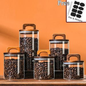 Ferramentas tampa de madeira jarra de vidro hermético recipiente de alimentos chá grãos de café cozinha garrafas de armazenamento jar selado motivos jarra de doces quente