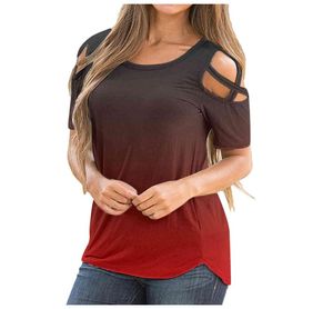 Summer T -shirt Women Oneck Short Sleeve Gradient Strappy Cold Shoulder Tshirt Lady Fashion Casual Tops Blus Tshirts X05077709334