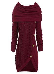 Frauen Herbst Rollkragen Zopfmuster Tunika Strickwaren Knopf Kapuzenpullover Damen Lange Tops Tägliche Pullover5401510