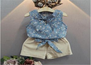 Baby Girl Summer Set Girls Sleeveless Floral Print Tops Tshirt Khaki Short Pants Suits Kids Fashion Clothing Two Pieces C1414346