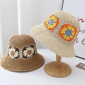 Berets dobrável palha crochê flor chapéu feminino verão ao ar livre sol balde férias praia primavera pescador chapéus atacado