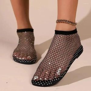 Sandaler Fashion Women's Flat Rhinestone Fishing Net Net Bottom Fotware Roman Party Shoes Zapatillas Mujer 2024