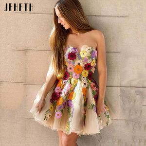 Jeheth Champagne Strapless Flowers Tulle Mini Prom Homecoming Dress Exquisite Sweetheart a Line Invined Party Graduation Gown 240227