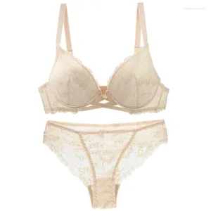 Bras set 2024 Sexig uppsättning broderi spets blommor push up underkläder för kvinnor vit svart blå rosa röd beige bcde cup underkläder