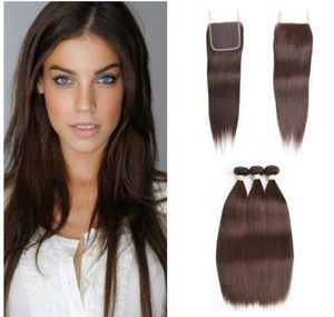 Luz marrom peruano cabelo reto com fechamento 4 pçs / lote 4 chocolate marrom cabelo humano 3 pacotes com fechamento de renda 4x44447865