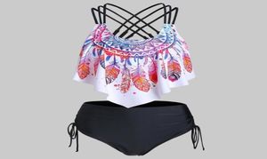 Bikini Set Feather Bandeau Tank Top Back Cross LHigh Waist Black Bandage Buttom Tankini Swimsuit Women Beach Bathing Suit1330445