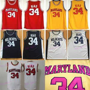 Men's Maryland College Len Bias 34 Jersey Basketball Stitched Red Yellow Black Northwestern Wildcats Len Bias High School Vintage Shirts