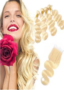 Estensioni dei capelli umani non trasformati peruviani fornitori di capelli Body Wave 613 Bionda 4 pacchi con chiusura in pizzo 4X4 Colore naturale 5 pezzi9254907