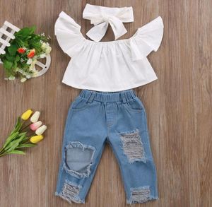 Yeni moda çocuk kızlar giysi kapalı omuz mahsul üstleri beyaz delik kot pantolon jean kafa bandı 3pcs toddler çocuk giyim setleri bab2333208