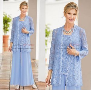 2019 Sky Blue Long Sleeves Mother Of The Bride Suits Lace Appliqued Three Pieces Mother Formal Wear With Jacket Pnats Plus Size7617883