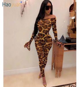 HAOYUAN Mesh Sheer Leopard Camouflage Two Piece Set Женская фестивальная одежда Сексуальные комбинезоны Top Pant Matching 2 Piece Club Outfits Y21138681