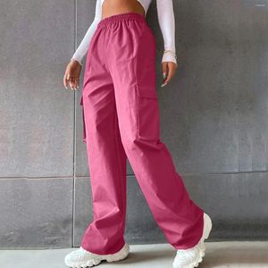 Calças femininas moda multi bolso y2k carga casual versátil streetwear baggy solto cintura elástica calças de cor sólida