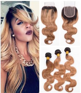 Body Wave Honey Blonde Human Hair Weaves With Lace Clsoure 2 Tone Dark Root 1b 27 Blonde Hair Bundles With Lace Closure5424008