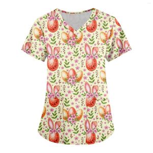 Women's T Shirts Easter Clinic Working Blouse Cartoon Pattern Print T-Shirt Short Sleeve Uniform Workwear Women Tops Nursing