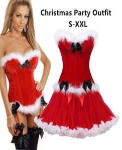 Halloween Kostüm Kleid Outfit Clubwear Damen039s Miss Santa Weißes Pelzbesatz Korsett Top mit Rüschen Tutu Rock Tanzkleidung Se7555244