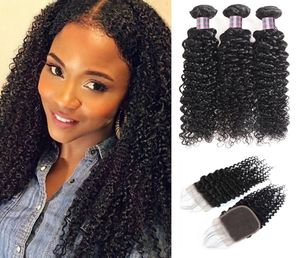 Brasileiro Kinky Curly Onda Pacotes de Cabelo Humano com Fechamento Extensões de Cabelo Virgem Peruano 828 polegadas Cor Natural Ishow Cabelo Wefts4448925