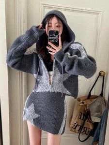 Women's Knits Y2K Vintage Women Cropped Sweater Zip Up Cardigan 2024 Autumn Star Print Jackets Hooded Knitted Skirts Casual Two Pieces Set