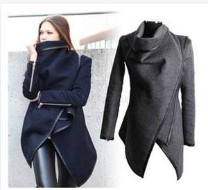 NYA Women Coat Asymmetric Pu Piping Zipper Pockets Fashion Slim Wool Trench Winter Coat Color Navy Grey Casacos Femininos SXXL4665221