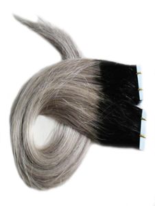 1B Silvergrå ombre hudvinnareförlängningar 100g rakt grå hår 40 -stycken PU -tejp i mänskliga hårförlängningar2430362
