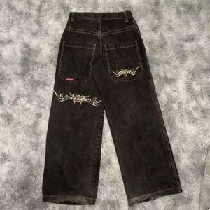 メンズジーンズストリートウェアJNCO Y2Kヒップホップ漫画グラフィックプリントヴィンテージバギーブラックパンツ男性女性ハイウエストワイドクスビジーンズズボン147