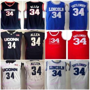 Erkek O Gemi Lincoln Lisesi 34 İsa Suthtlesworth Jersey Ray Allen Connecticut Huskies Kolej Basketbol Formaları Mavi Beyaz Dikişli Gömlekler S-XXL