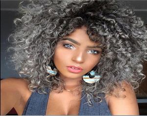 GTGTGTWOMEN039S Kinky Curly Natural Black Grey Ombre Hair odporny na ciepło syntetyczny WIG5352319