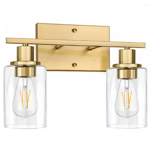 Lampada da parete a 2 luci in oro per vanità da bagno, illuminazione moderna con paralume in vetro trasparente spazzolato