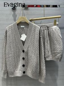 Women's Tracksuits Evagina Designer Spring Vintage Grey Knitting Shorts Suit Lantern Sleeve Button Coat Drawstring Elastic Waist