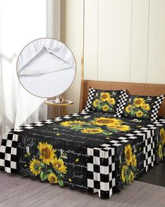 Saia de cama retrô flor girassol abelha xadrez elástica colcha com fronhas capa de colchão conjunto de cama lençol
