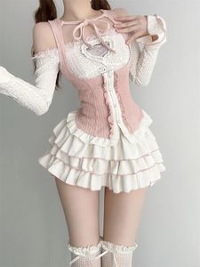 Japansk stil kawaii kläder 3 stycken kjolar set kvinnor bodycon smal jämn festkläder höst lolita passar y2k skördetoppar 240219