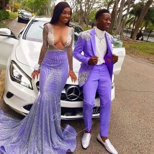 Gliter Purple Sequined Prom Dresses Sheer Long Sleeves Deep V Neck Mermaid Evening Gowns African Girls Graduation Party Dress Wears