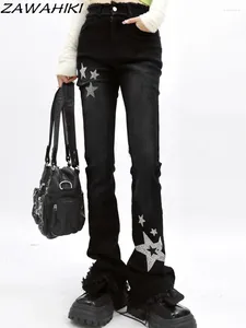 Женские джинсы с напуском High Street Black Star Rhinestone Весна Осень Потертые Прибытие Y2K Эстетическая шикарная мода Универсальные джинсовые брюки