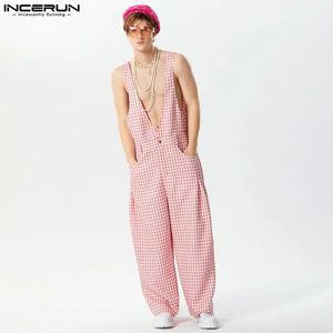 Men Jumpsuits Plaid Oversize Deep V Neck Sleeveless Streetwear Rompers Pockets Loose Casual Wide Leg Pants Overalls INCERUN 240228