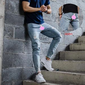 Calça as calças de sexo da virilha aberta rasgada jeans de namorado angustiado Slim Fit Menom Design de rua destruído calças de jeans skinny