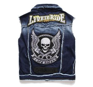 2021 Ny casual broderi Skull Men039S Denim Vest ärmlösa jackor Fashion Patch Design Punk Rock Style Ripped Cowboy Fraye7962060