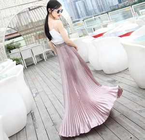 2017 autumn Fashion Vintage Silver Golden metal solid flared Maxi Skirt High Waist Beach Long Pleated Skirts for Women Ladies6605682