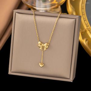 Pendant Necklaces 316L Stainless Steel Fashion Fine Jewelry Sweetheart Girls Set Bowknot Heart Tassels Charm Choker Necklace Earring For