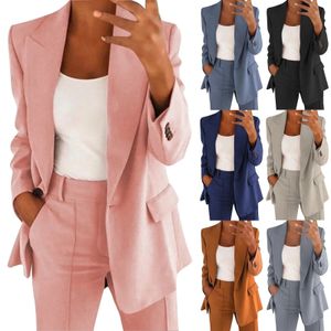 Womens Two Piece Lapels Suit Set Office Business Long Sleeve Button Formal Jacket Pant Slim Suite 240226