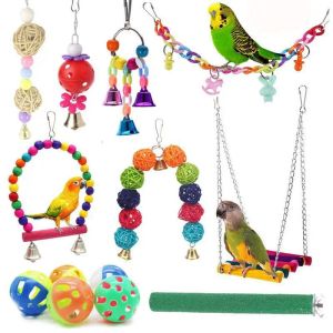 Set di giocattoli combinati per uccelli, altalena, masticazione, addestramento, piccolo pappagallo, amaca sospesa, gabbia per pappagalli, con scala, 13 pezzi
