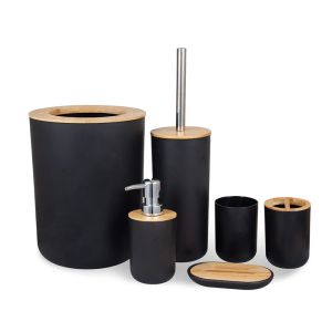 Halter Badezimmer-Zubehör-Set, 6-teilig, Bambus-Zimmer-Set, Zahnbürstenhalter, Seifenspender, Toilettenbürste, Mülleimer, Badezimmer-Essential-Set