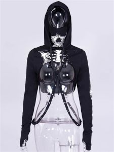 Sweatshirts 2022 New Black Women Short Sexy Hoodies Punk Cool Mask Turtleneck Skull Skeleton Crop Tops Femme Gothic Strap Hooded Sweatshirt