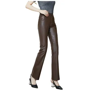 Calça feminina capris de cintura alta ligeiramente alargada, calça de couro genuíno, calça vintage solta de pele de carneiro, preta e vermelha, tamanho grande