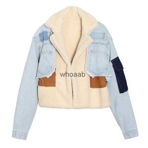 Women's Jackets Jackets Clothing Lamb Wool Denim Patchwork Coat Black Blue Winter Warm High Fashion Streetwear Plus Size XXL 240301