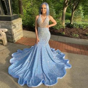 Sparking Blue Liginas Mermaid Black Girls PROM Vestres de beadings Cristais Spaghetti Strapas de longa Vestidos de festas Vestidos