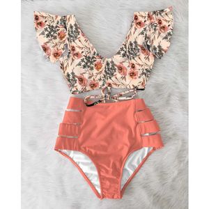 Swim Wear High talia Ruffled Sexy Bikini Set 2023 Flounce Biquini Swimwear Kobiety Dwa kawałki stroju kąpielowego Kwiatowa odzież w V-dnik Kąpiec 240229